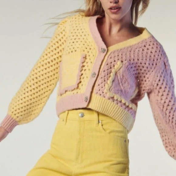 Zara Colorblock Cropped Sweater Size Medium Cottagecore Coastal Grandma - Picture 3 of 16